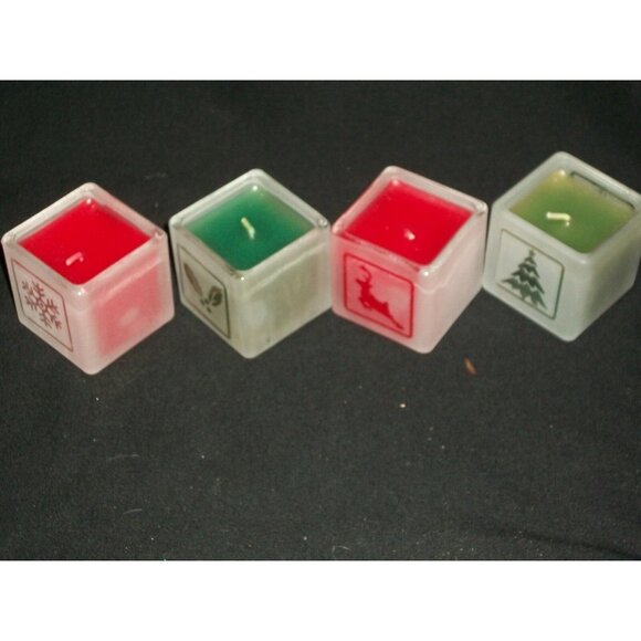 Home for the Holidays Christmas Votive Candles & Tray Set of 4 Red Green Frosted - Picture 3 of 7